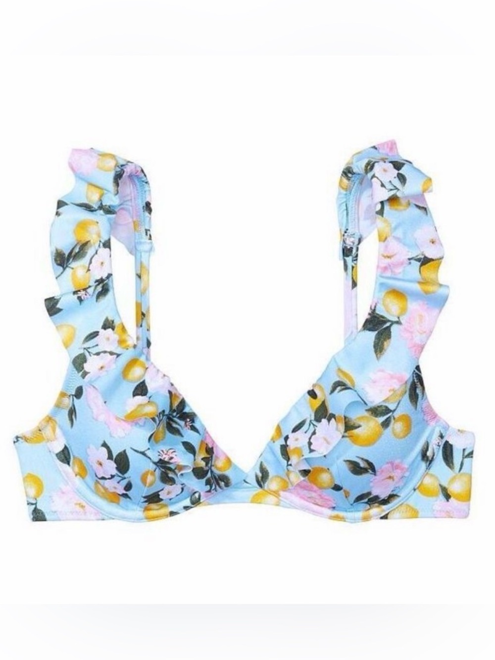 Victoria's Secret Light Blue Floral & Lemon Ruffle Bikini Top - 38DDD